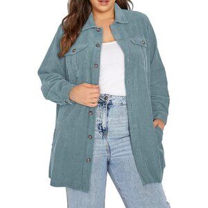 Womens Sky Blue Plus Size Plaid Shacket Long Sleeve Button Down Casual Jacket